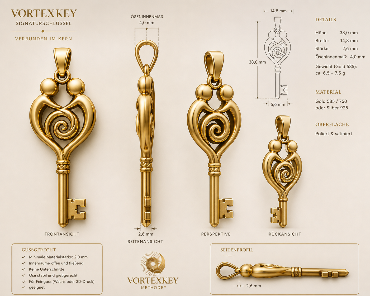 VortexKey Signaturschlüssel – Frontansicht, Seite, Perspektive, Rückseite · Gold & Silber